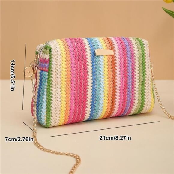 Women’s Straw Tote Bag Rainbow Striped Casual Beach Shoulder Bag Summer - Picture 3 of 6